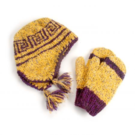 Ručně pletená sada čepice,rukavice žlutá, fialová